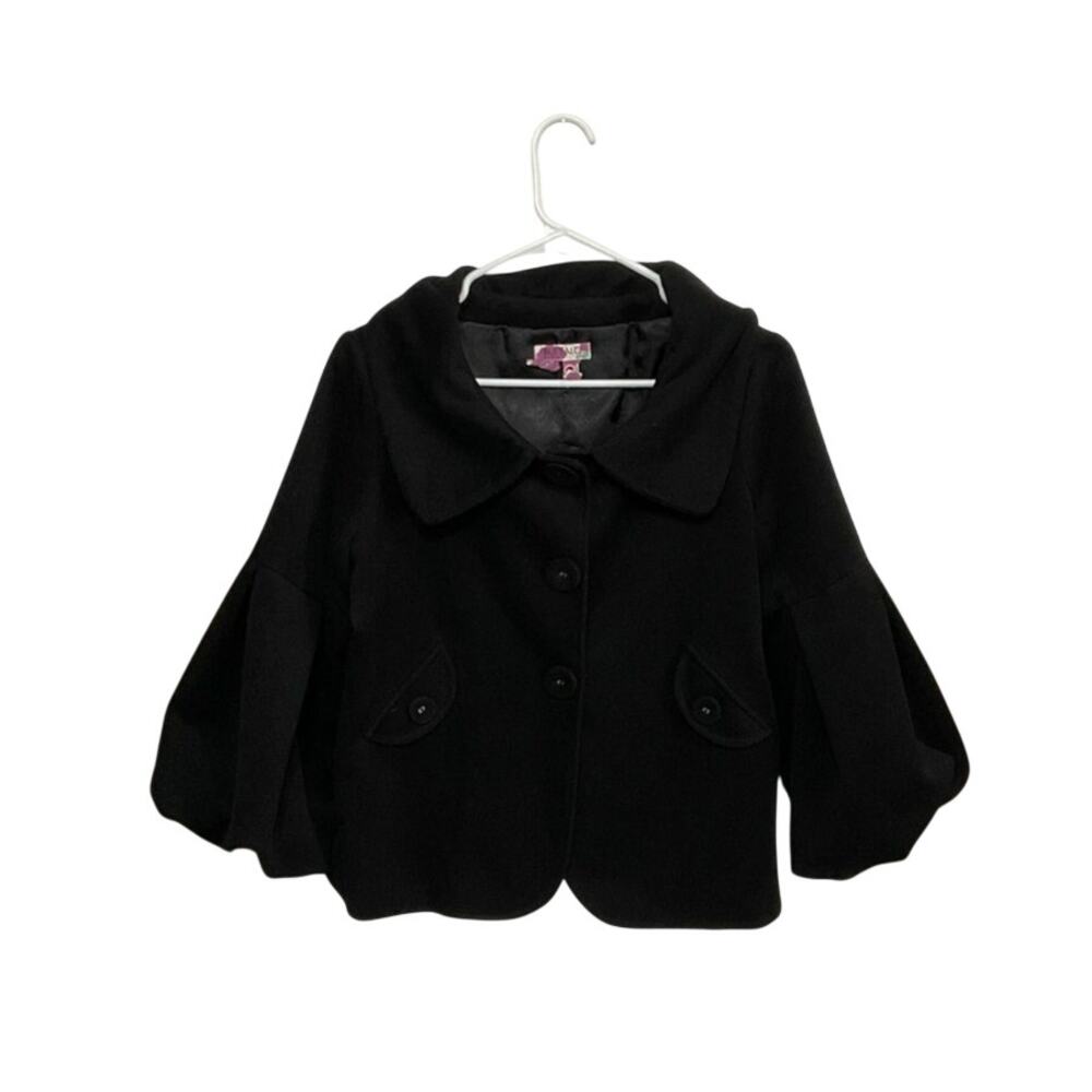 Buffalo David Bitton Black Cropped Coat Sz Medium Snap Front 3/4 Balloon Sleeve